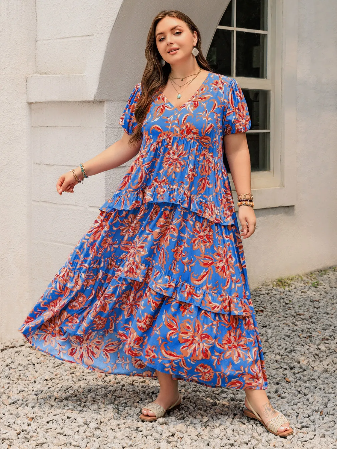 Hazel Blues® | Ruffled Printed V-Neck Short Sleeve Maxi Dress