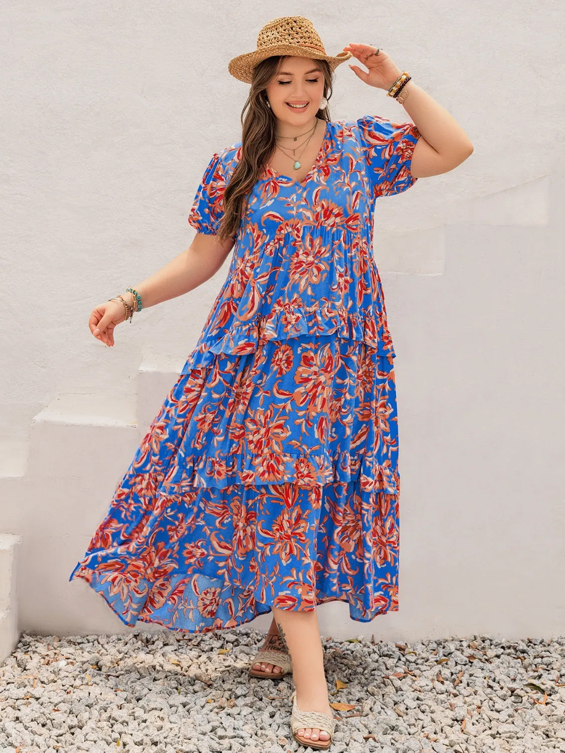 Hazel Blues® | Ruffled Printed V-Neck Short Sleeve Maxi Dress