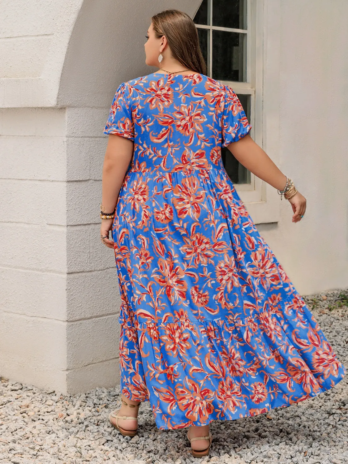 Hazel Blues® | Ruffled Printed V-Neck Short Sleeve Maxi Dress