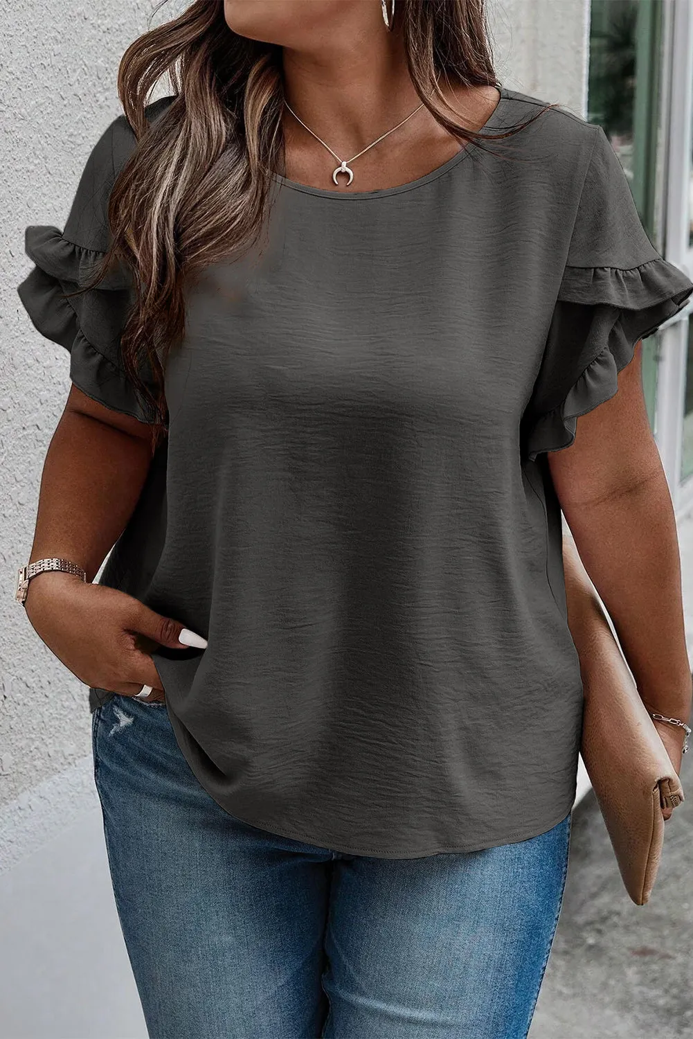 Hazel Blues® | Ruffled Round Neck Short Sleeve Blouse