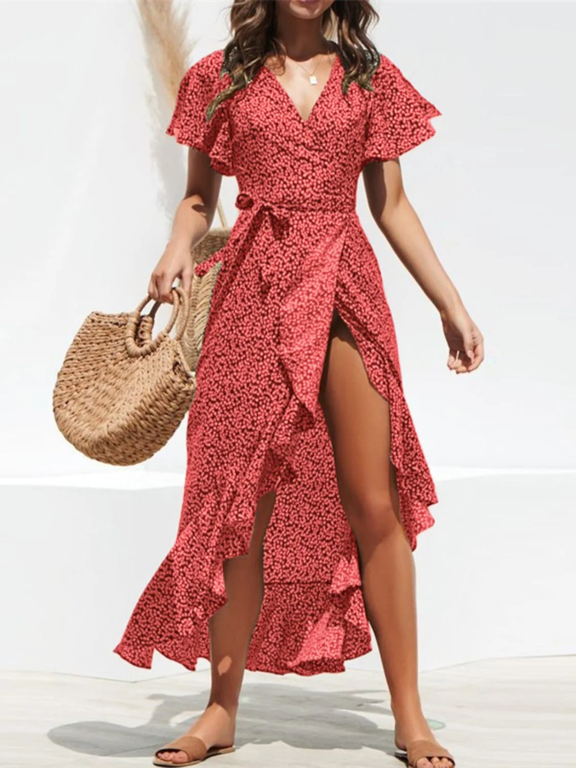 Hazel Blues® |  Tied Ruffled Printed Short Sleeve Midi Wrap Dress