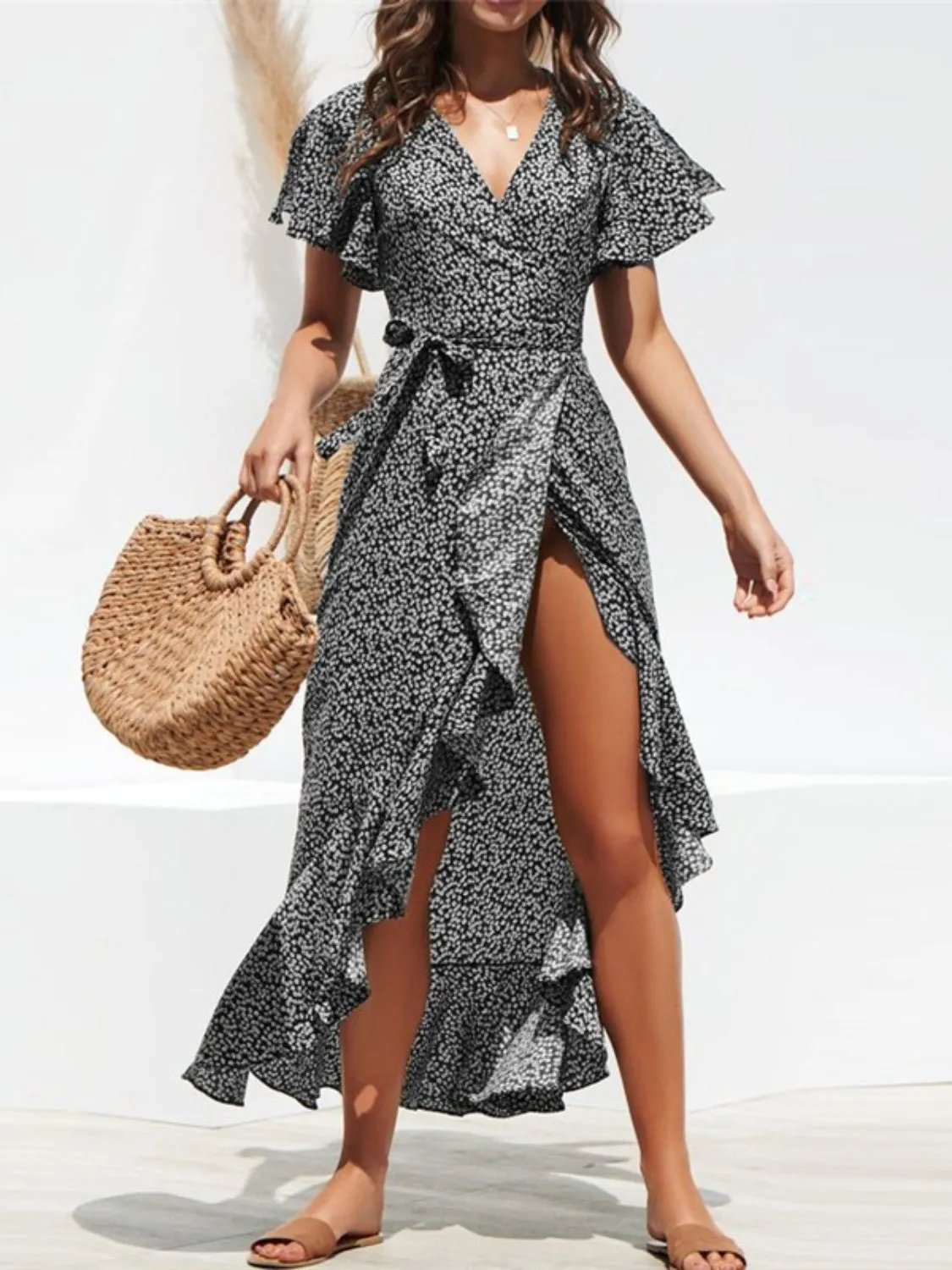 Hazel Blues® |  Tied Ruffled Printed Short Sleeve Midi Wrap Dress