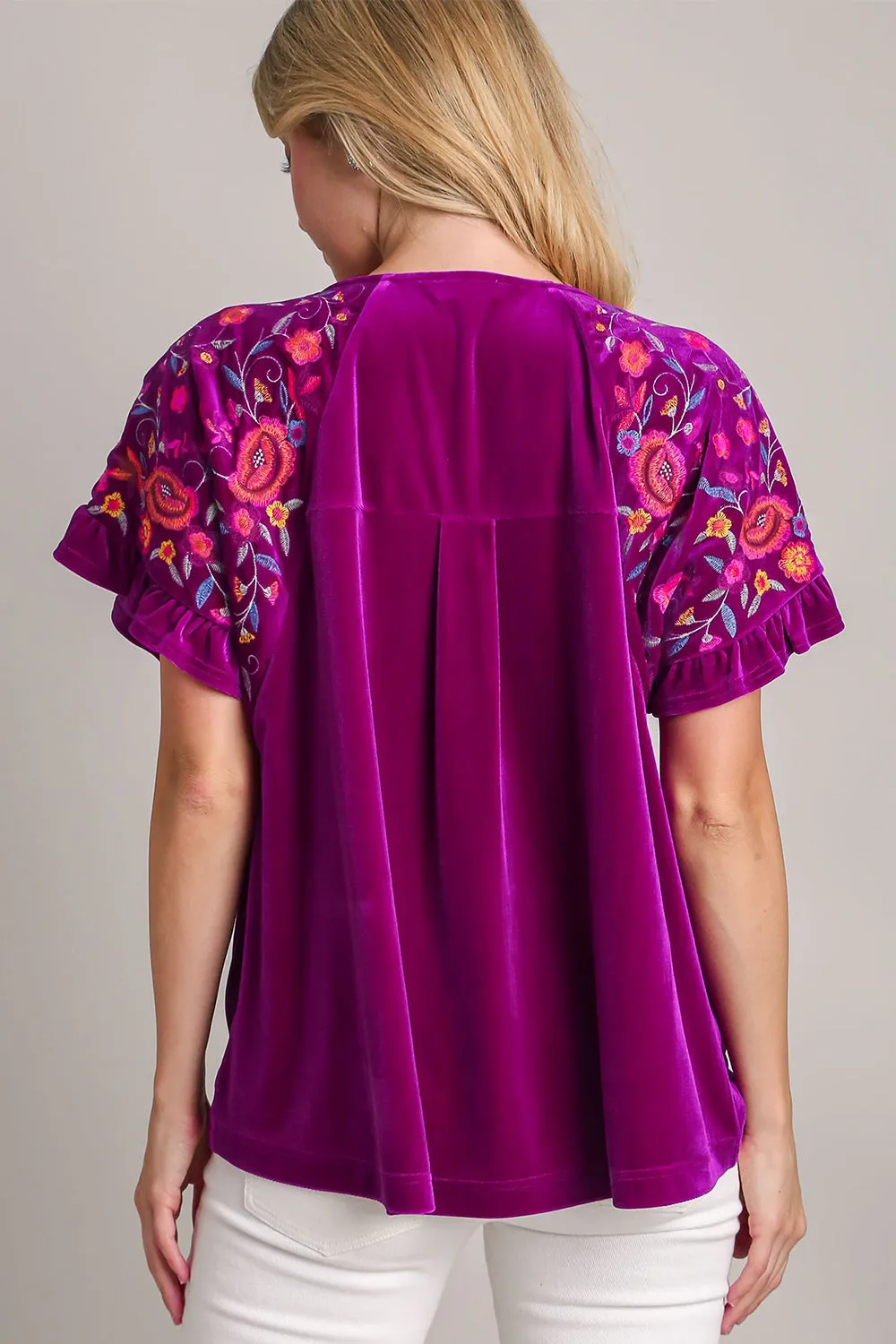 Hazel Blues® |  Umgee Velvet Embroidery Short Sleeve Blouse