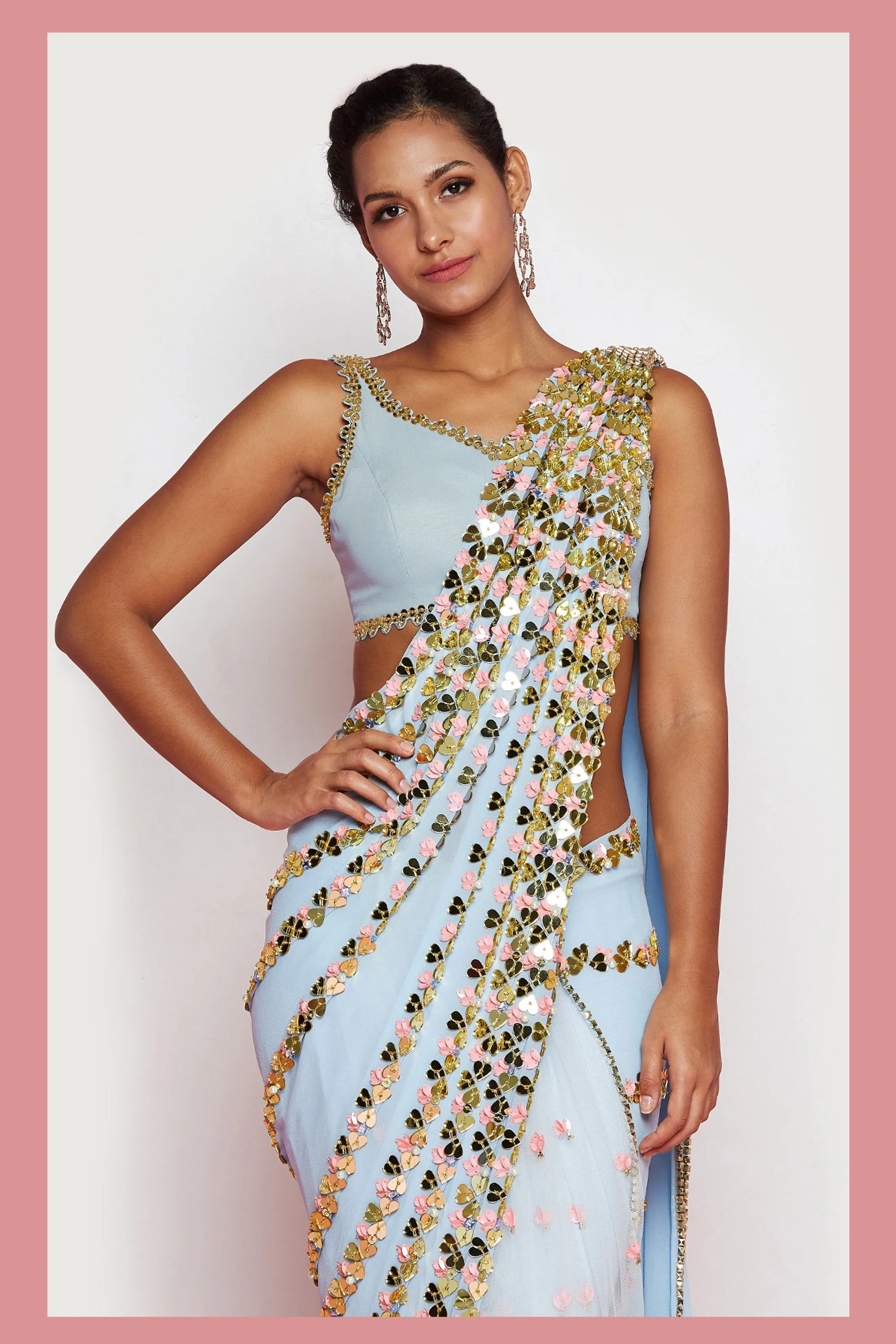 HEART CONFETTI’S - POWDER BLUE EMBELLISHED PRE-STITCHED SAREE SET