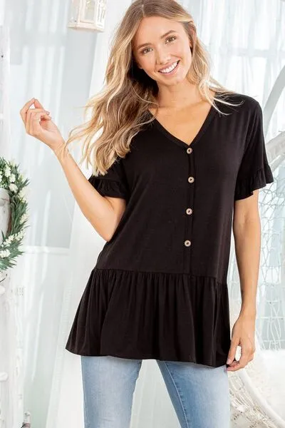 Heimish Full Size Ruffled V-Neck Short Sleeve Blouse