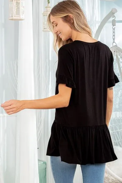 Heimish Full Size Ruffled V-Neck Short Sleeve Blouse