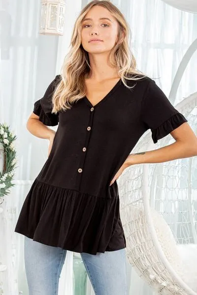 Heimish Full Size Ruffled V-Neck Short Sleeve Blouse