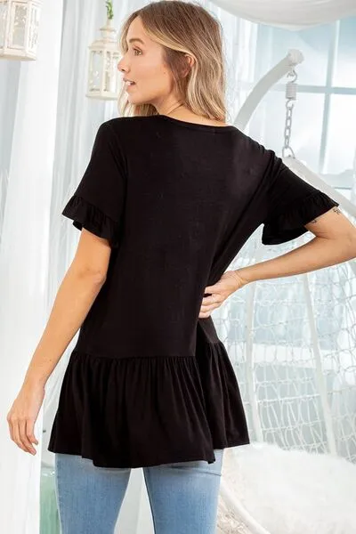 Heimish Full Size Ruffled V-Neck Short Sleeve Blouse