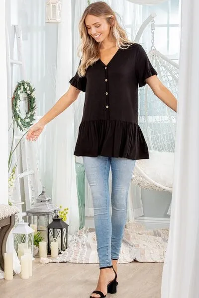 Heimish Full Size Ruffled V-Neck Short Sleeve Blouse