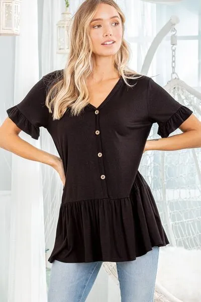 Heimish Full Size Ruffled V-Neck Short Sleeve Blouse