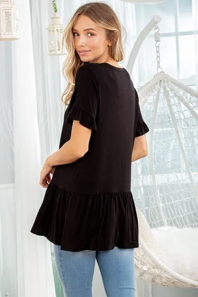 Heimish Full Size Ruffled V-Neck Short Sleeve Blouse