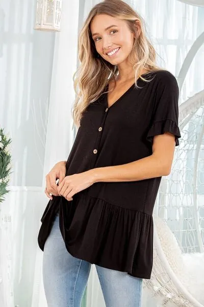 Heimish Full Size Ruffled V-Neck Short Sleeve Blouse