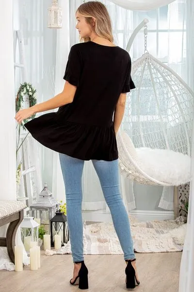 Heimish Full Size Ruffled V-Neck Short Sleeve Blouse