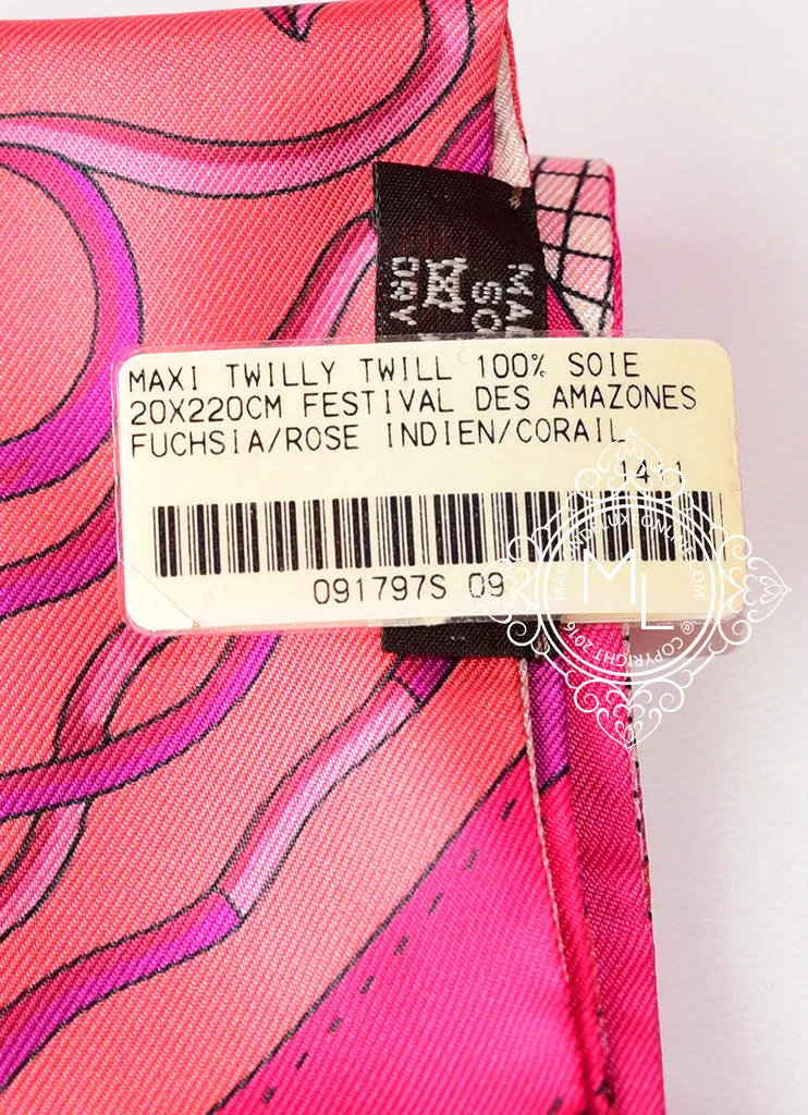 Hermes Fuchsia Pink Indien Corail Festival des Amazones Silk Maxi Twilly Shawl Scarf Wrap