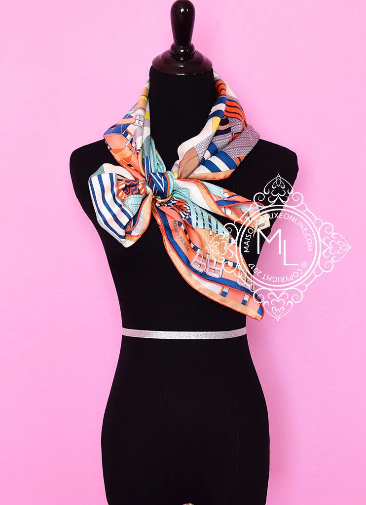 Hermes Ivory Aqua Twill Silk 90 cm Sangles en Zigzag Scarf