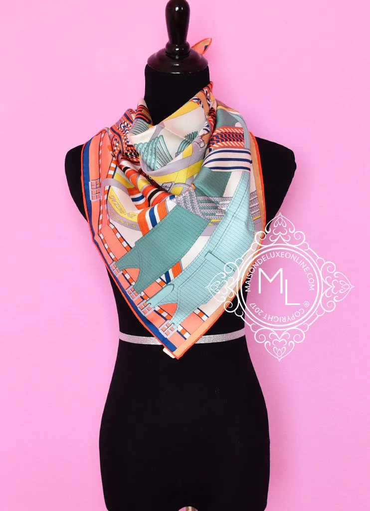 Hermes Ivory Aqua Twill Silk 90 cm Sangles en Zigzag Scarf
