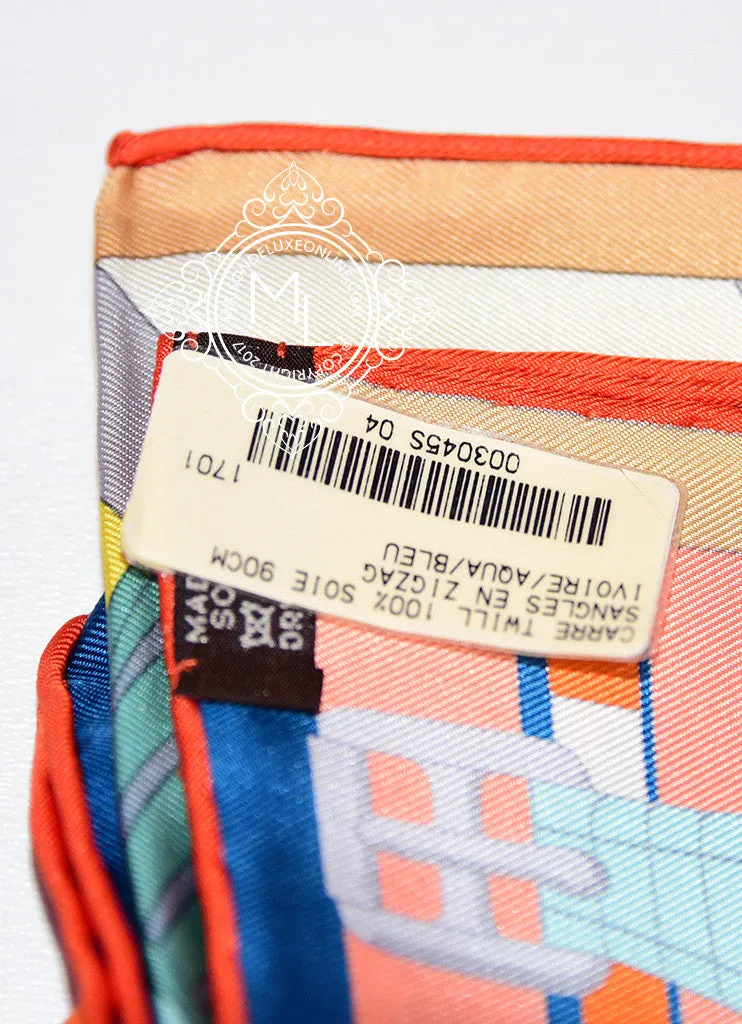 Hermes Ivory Aqua Twill Silk 90 cm Sangles en Zigzag Scarf
