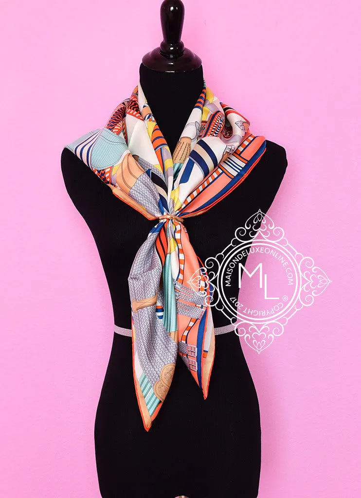 Hermes Ivory Aqua Twill Silk 90 cm Sangles en Zigzag Scarf