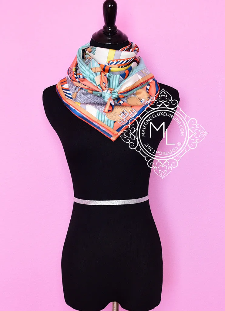 Hermes Ivory Aqua Twill Silk 90 cm Sangles en Zigzag Scarf