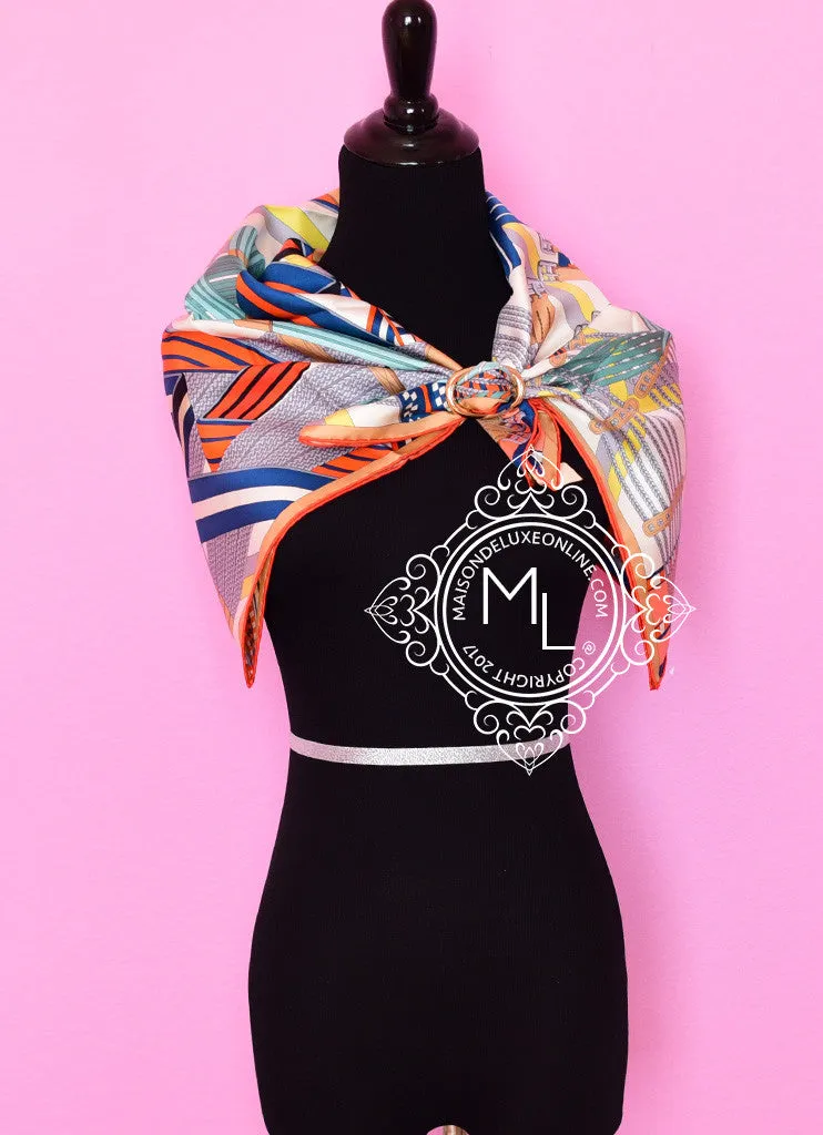 Hermes Ivory Aqua Twill Silk 90 cm Sangles en Zigzag Scarf