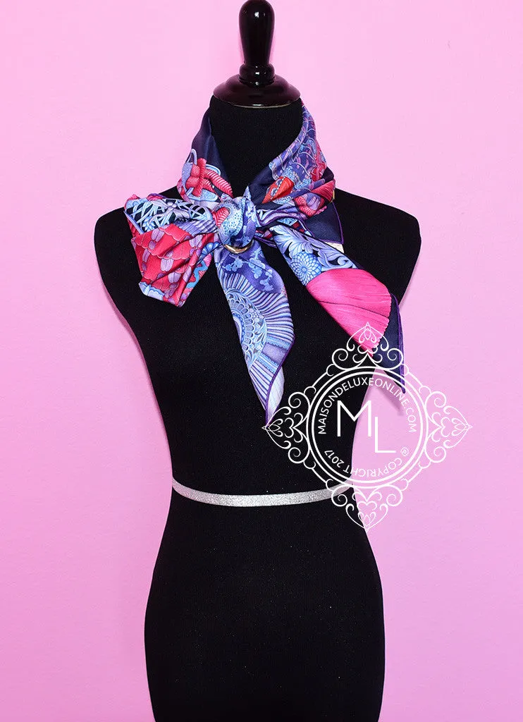 Hermes Pink Blue Twill Silk 90 cm Parures De Samourais Scarf