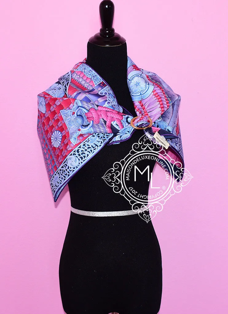 Hermes Pink Blue Twill Silk 90 cm Parures De Samourais Scarf