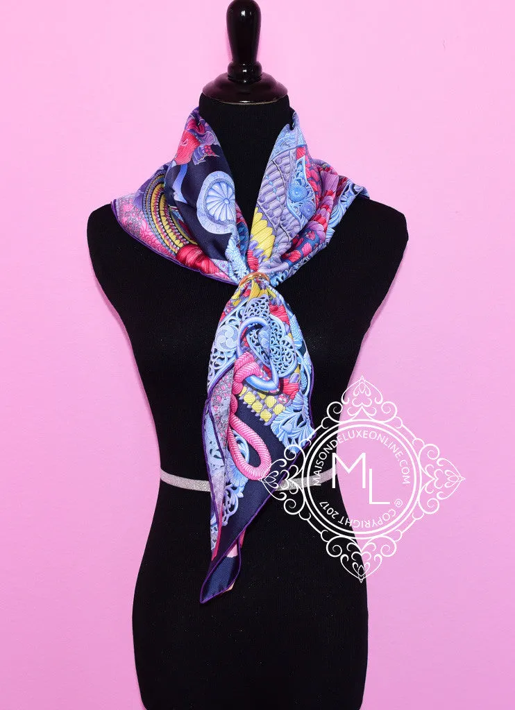 Hermes Pink Blue Twill Silk 90 cm Parures De Samourais Scarf