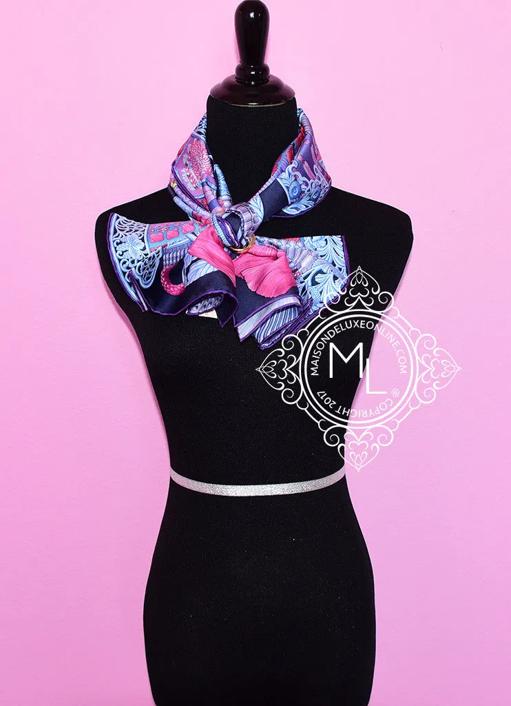 Hermes Pink Blue Twill Silk 90 cm Parures De Samourais Scarf