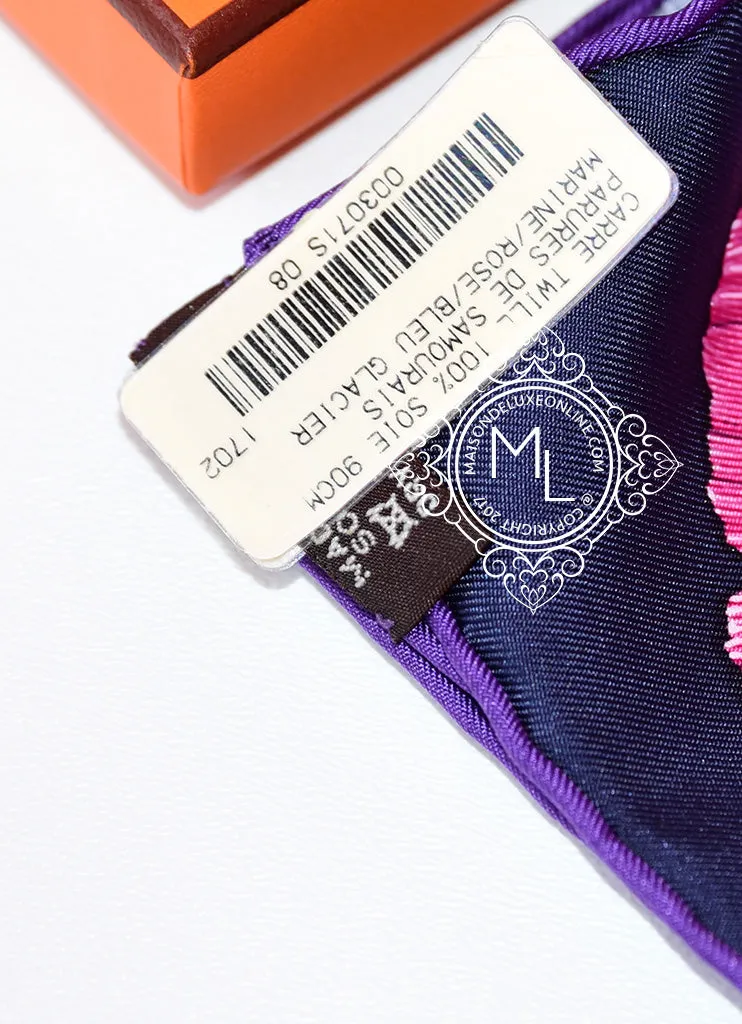 Hermes Pink Blue Twill Silk 90 cm Parures De Samourais Scarf