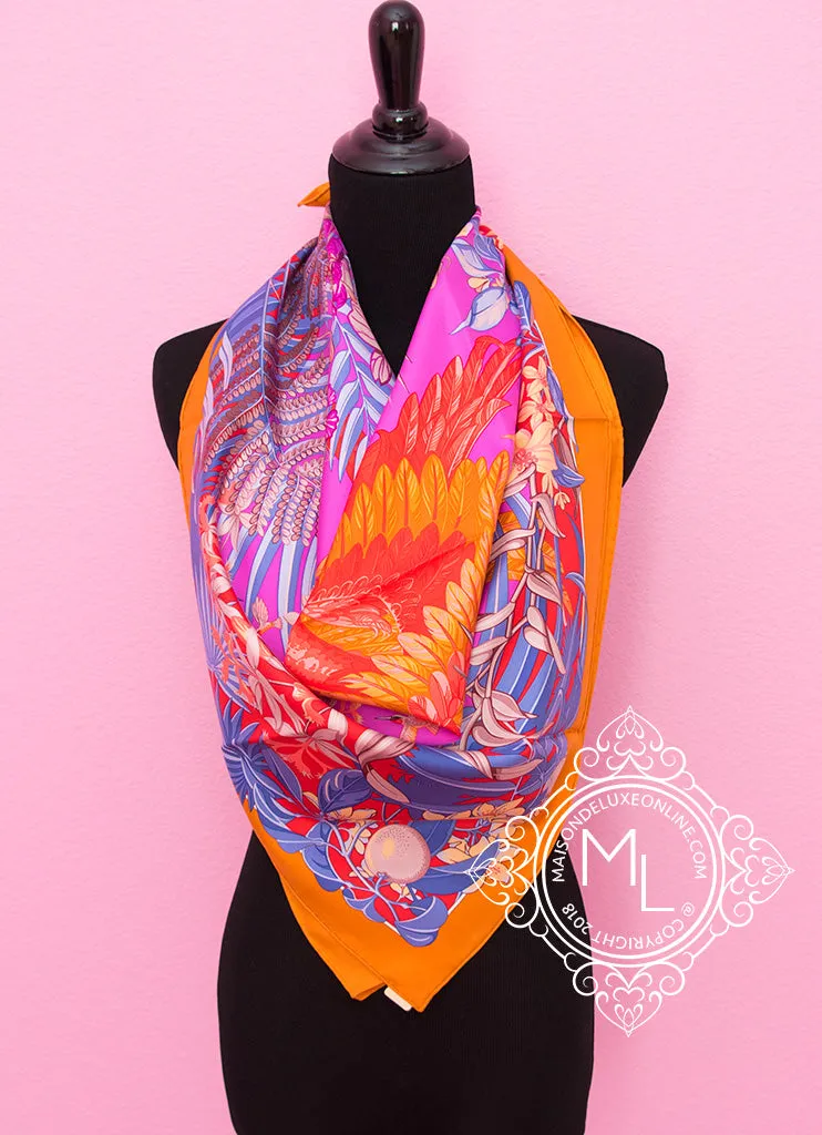 Hermes Potiron Twill Silk 90 cm Flamingo Party Scarf