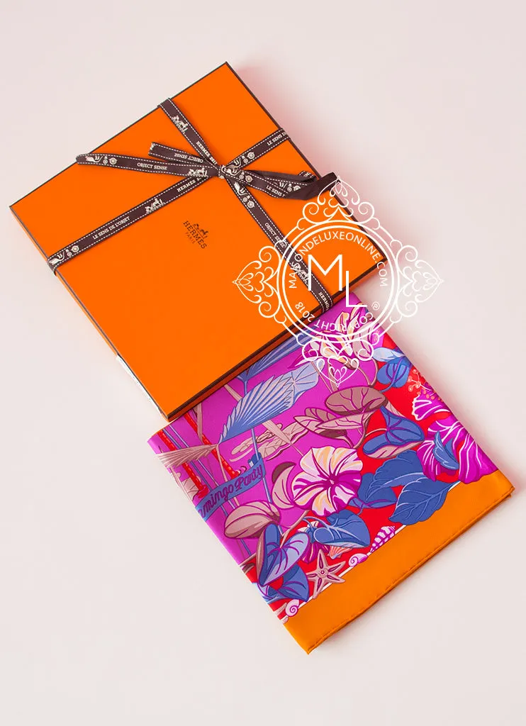 Hermes Potiron Twill Silk 90 cm Flamingo Party Scarf