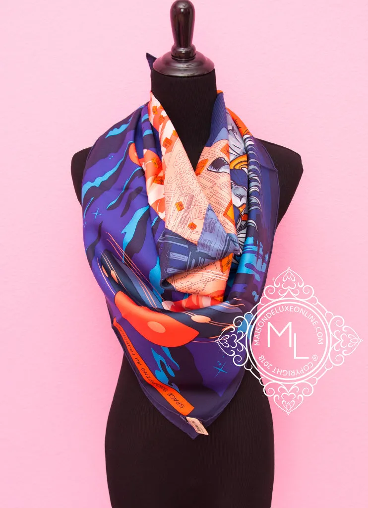 Hermes Purple Orange Twill Silk 90 cm Space Shopping au Faubourg Scarf