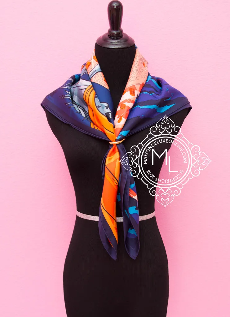 Hermes Purple Orange Twill Silk 90 cm Space Shopping au Faubourg Scarf