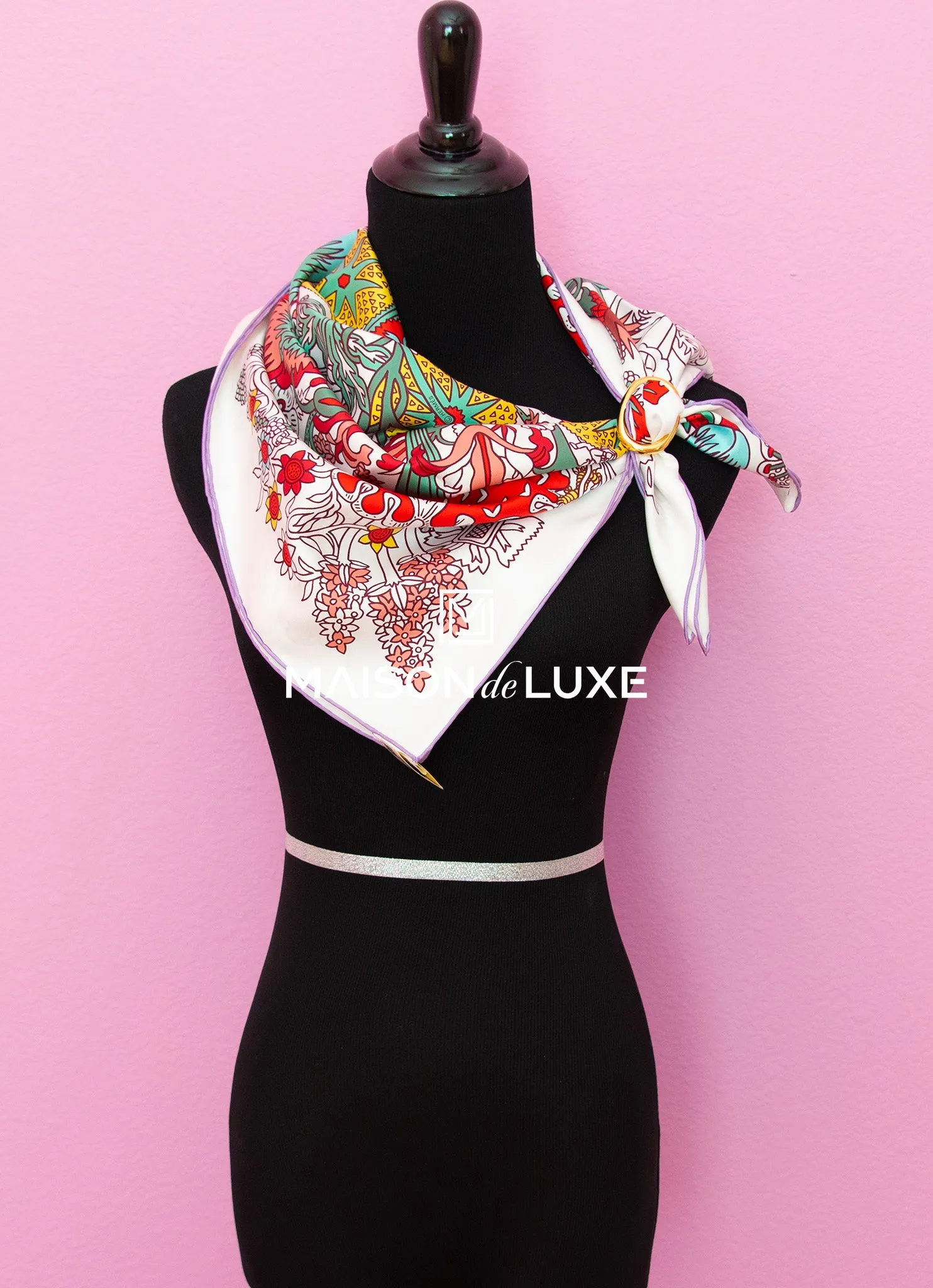 Hermes "Cache-cache Fleuri" White Twill Silk 90 cm Scarf