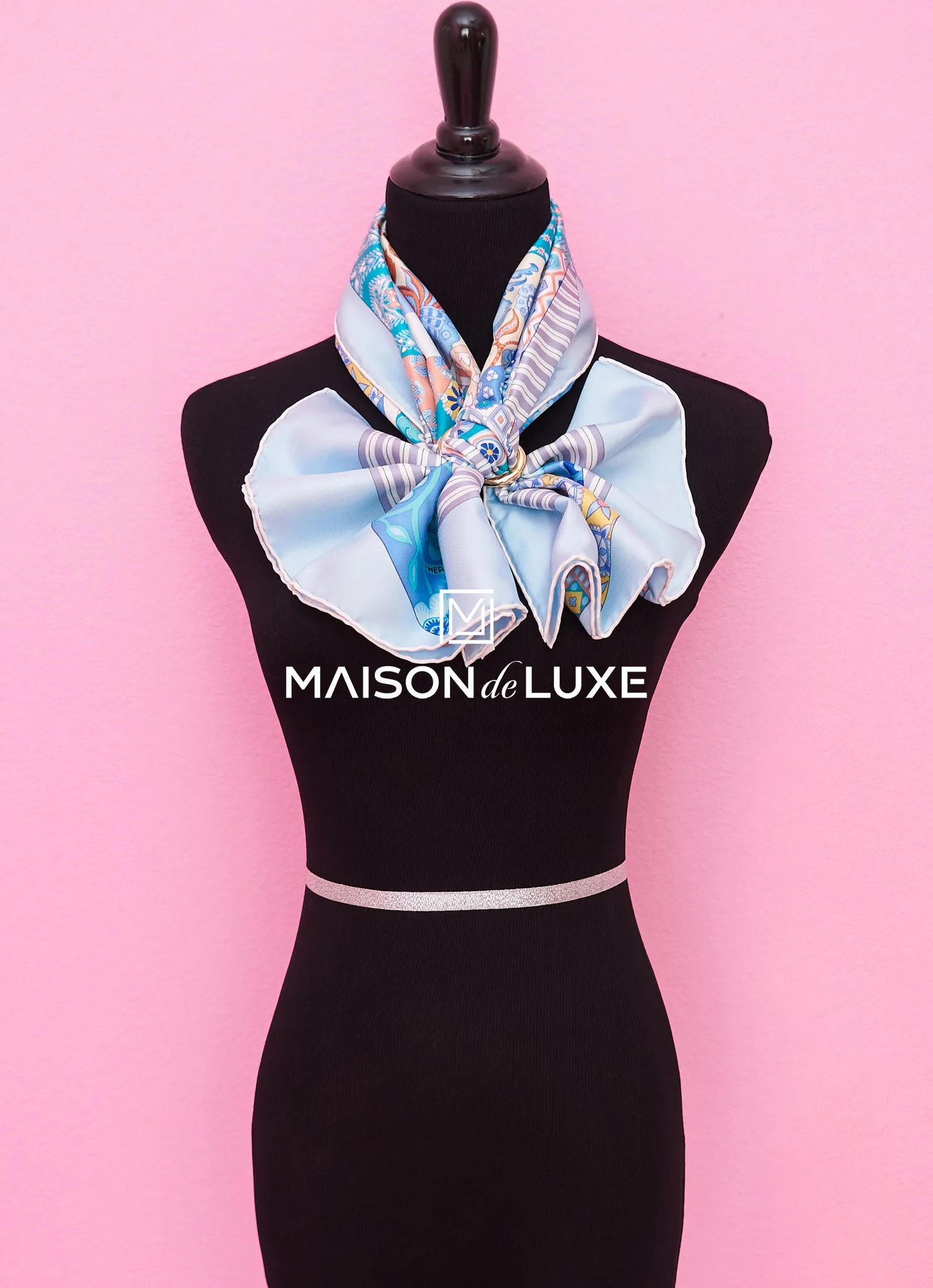 Hermes "L'Art du Sarasa" Blue Twill Silk 90 cm Scarf
