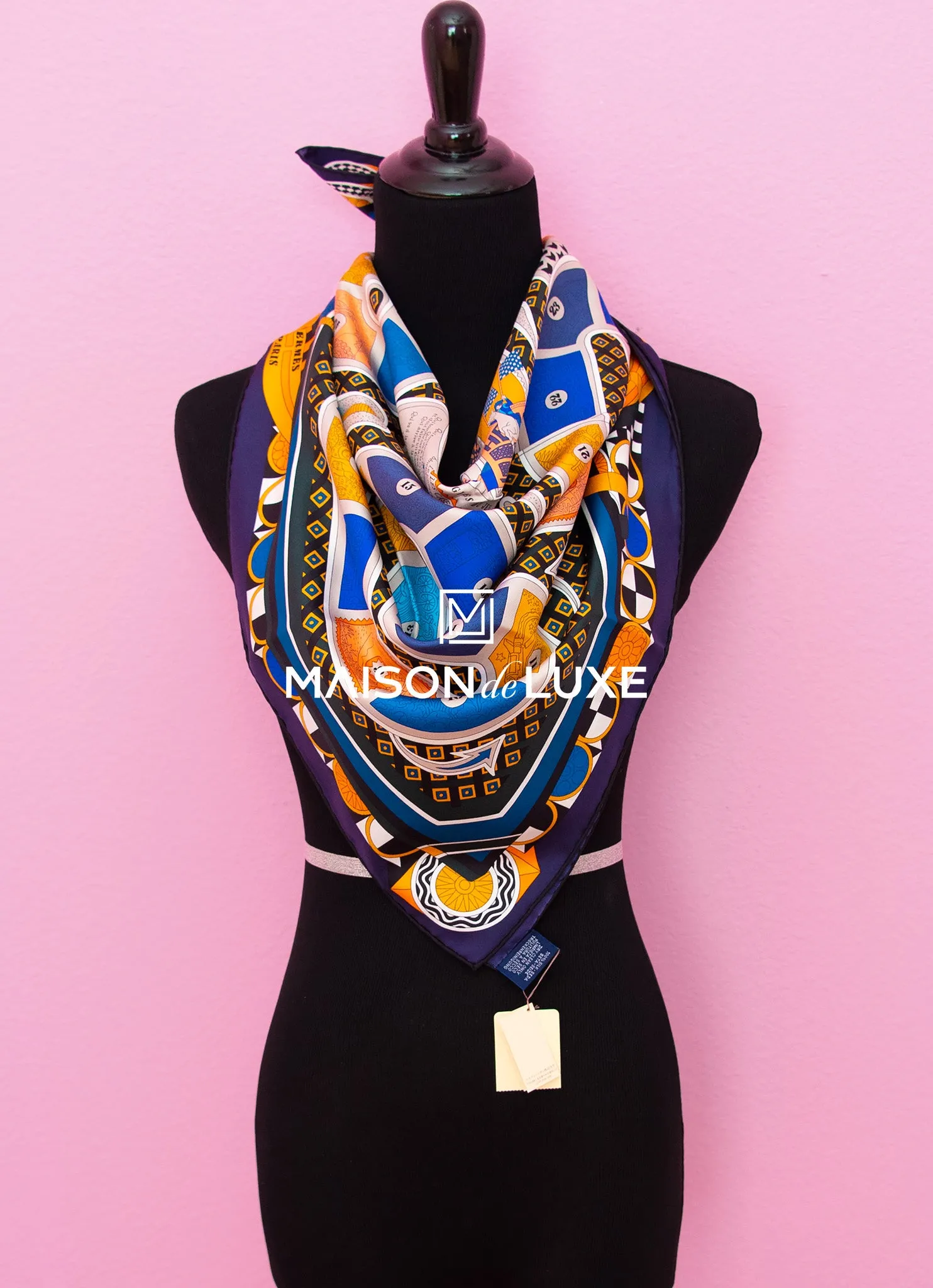 Hermes "Le Tour du Monde en 63 Cases" Marine Twill Silk 90 cm Scarf