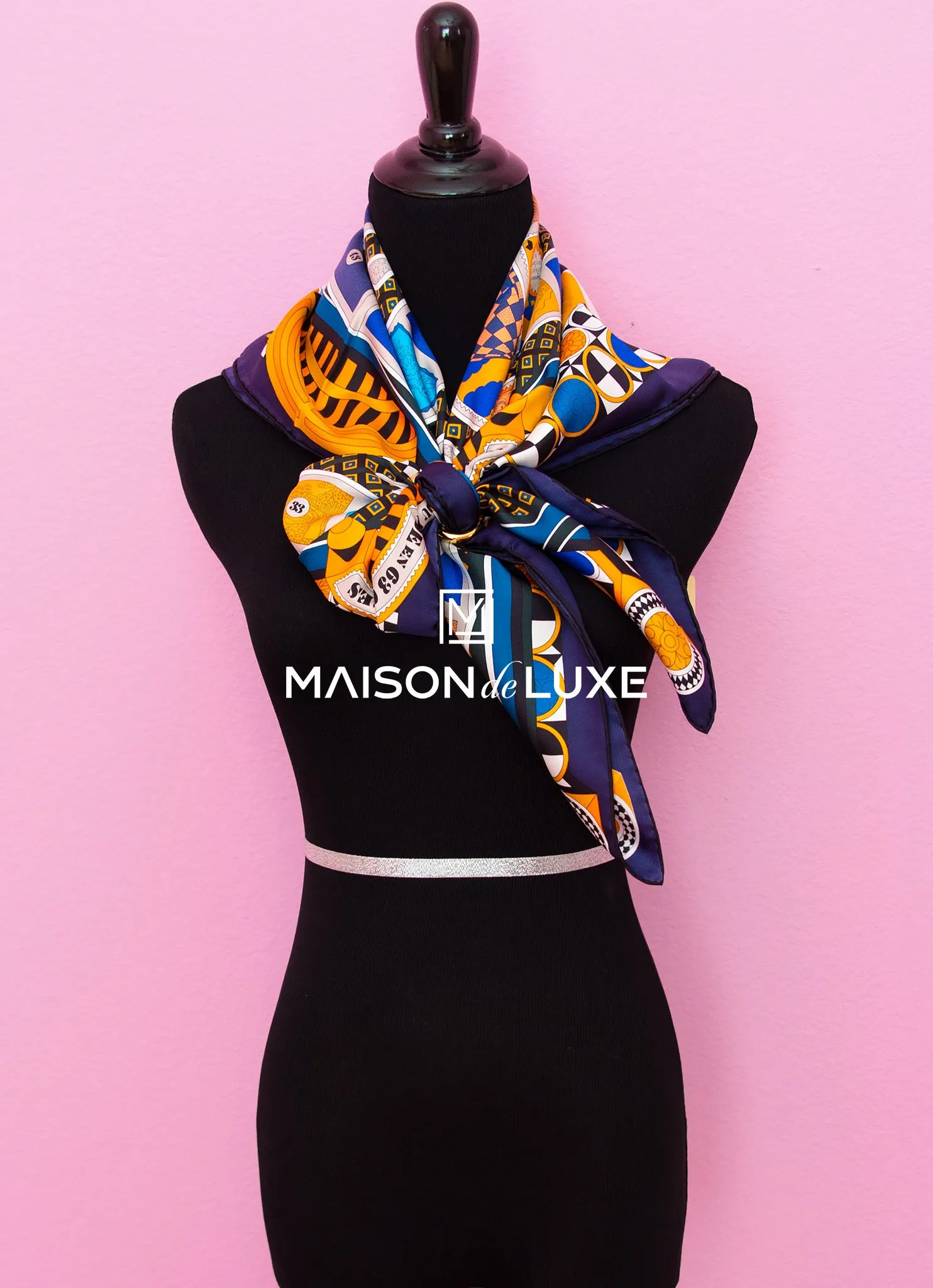 Hermes "Le Tour du Monde en 63 Cases" Marine Twill Silk 90 cm Scarf