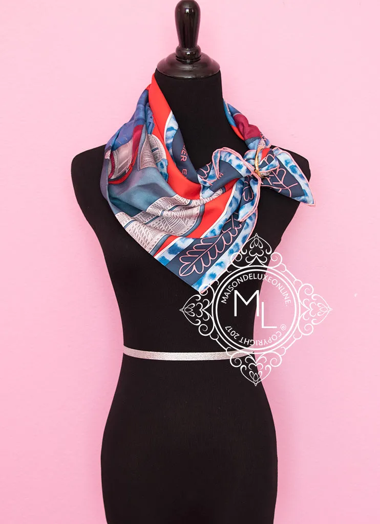 Hermes Red Blue Twill Silk 90 cm Selle d'Officier en Grande Tenue Scarf