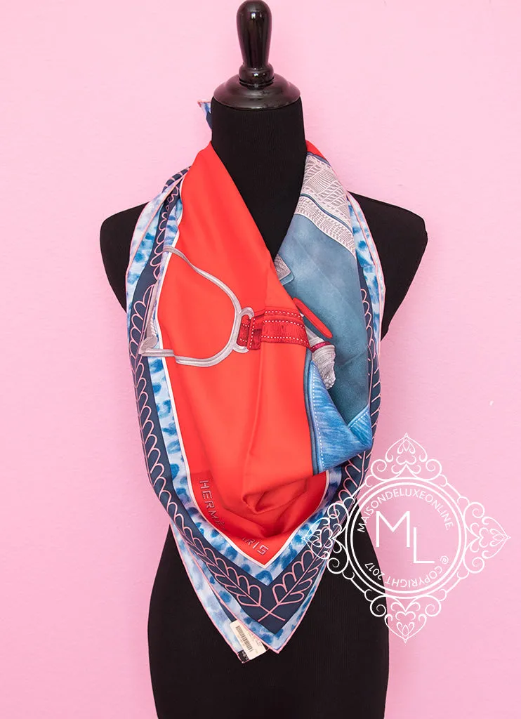 Hermes Red Blue Twill Silk 90 cm Selle d'Officier en Grande Tenue Scarf