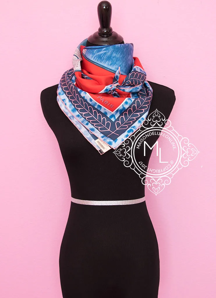 Hermes Red Blue Twill Silk 90 cm Selle d'Officier en Grande Tenue Scarf