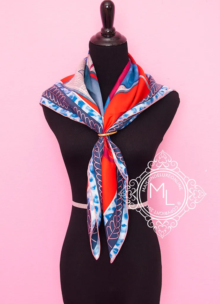 Hermes Red Blue Twill Silk 90 cm Selle d'Officier en Grande Tenue Scarf