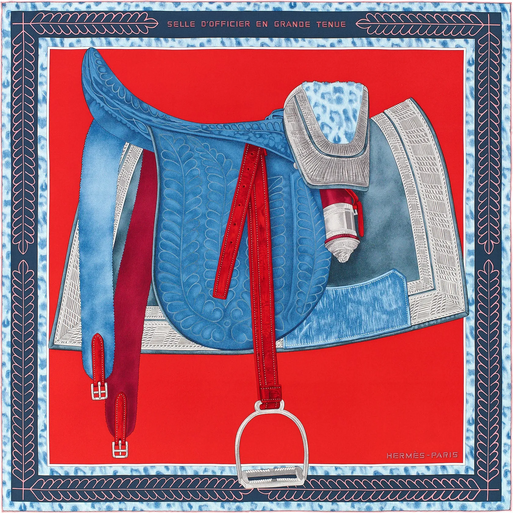 Hermes Red Blue Twill Silk 90 cm Selle d'Officier en Grande Tenue Scarf