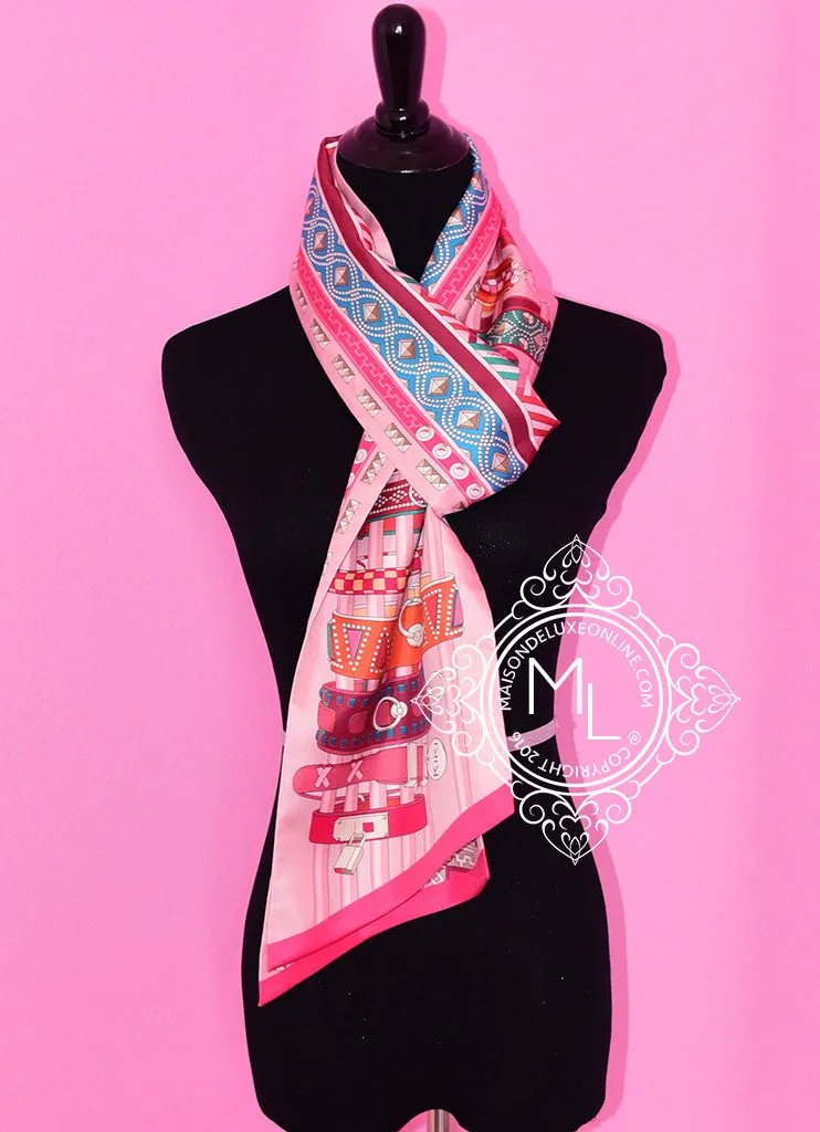 Hermes Rose Pink Fuchsia Colliers de Chiens Silk Maxi Twilly Shawl Scarf Wrap