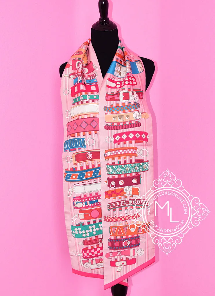 Hermes Rose Pink Fuchsia Colliers de Chiens Silk Maxi Twilly Shawl Scarf Wrap
