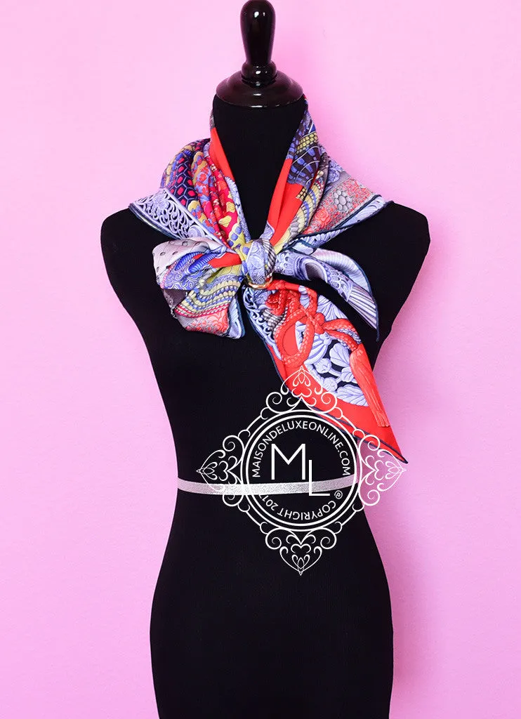 Hermes Rouge Blue Twill Silk 90 cm Parures De Samourais Scarf