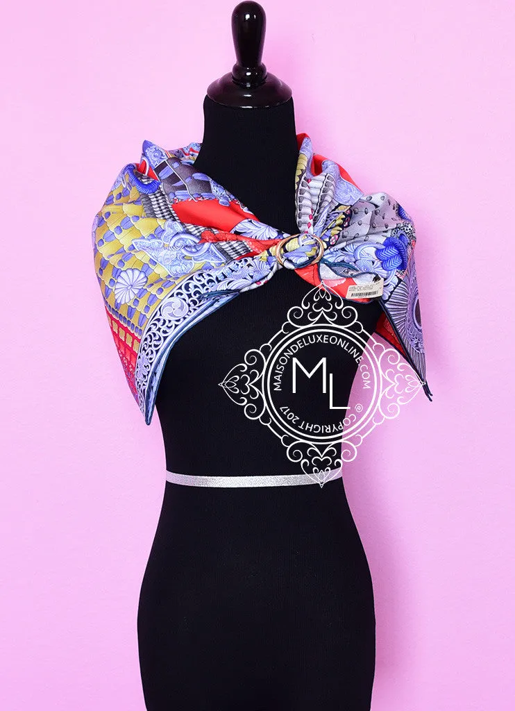 Hermes Rouge Blue Twill Silk 90 cm Parures De Samourais Scarf
