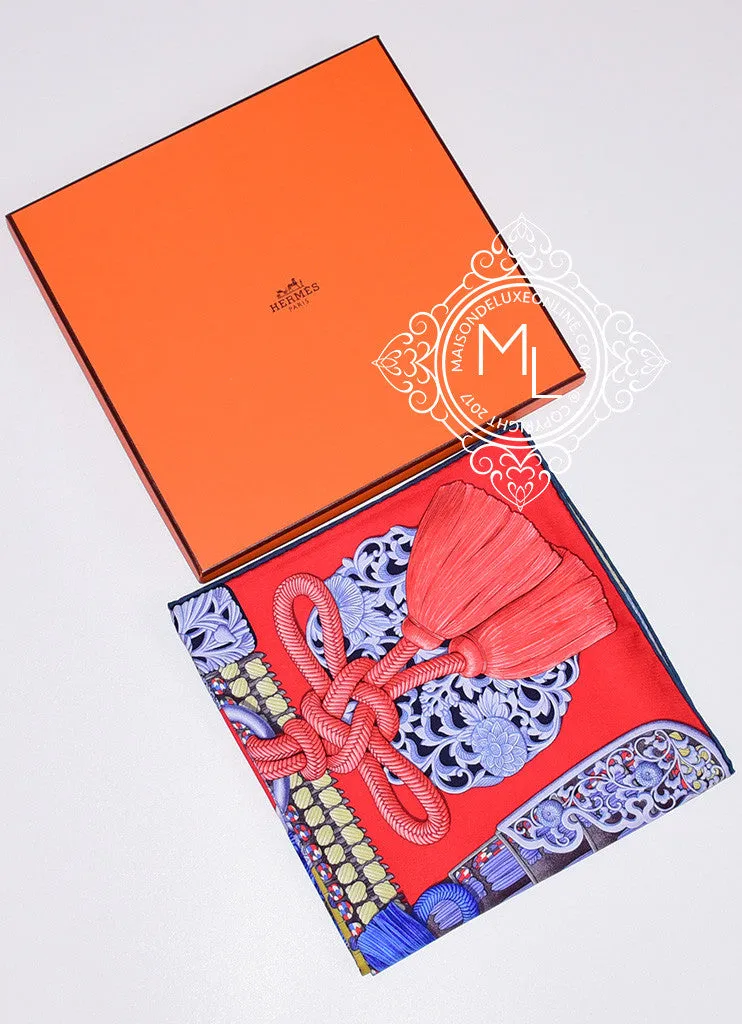 Hermes Rouge Blue Twill Silk 90 cm Parures De Samourais Scarf