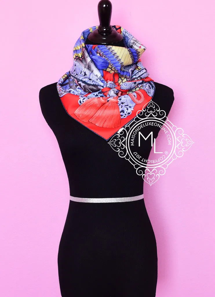 Hermes Rouge Blue Twill Silk 90 cm Parures De Samourais Scarf
