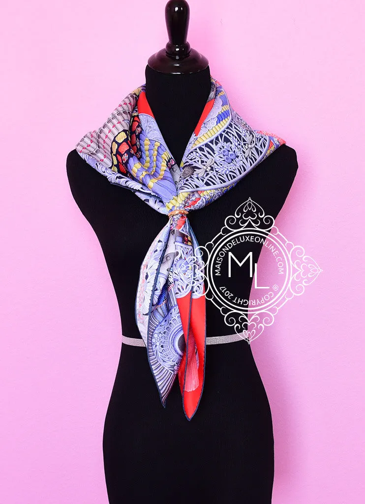 Hermes Rouge Blue Twill Silk 90 cm Parures De Samourais Scarf
