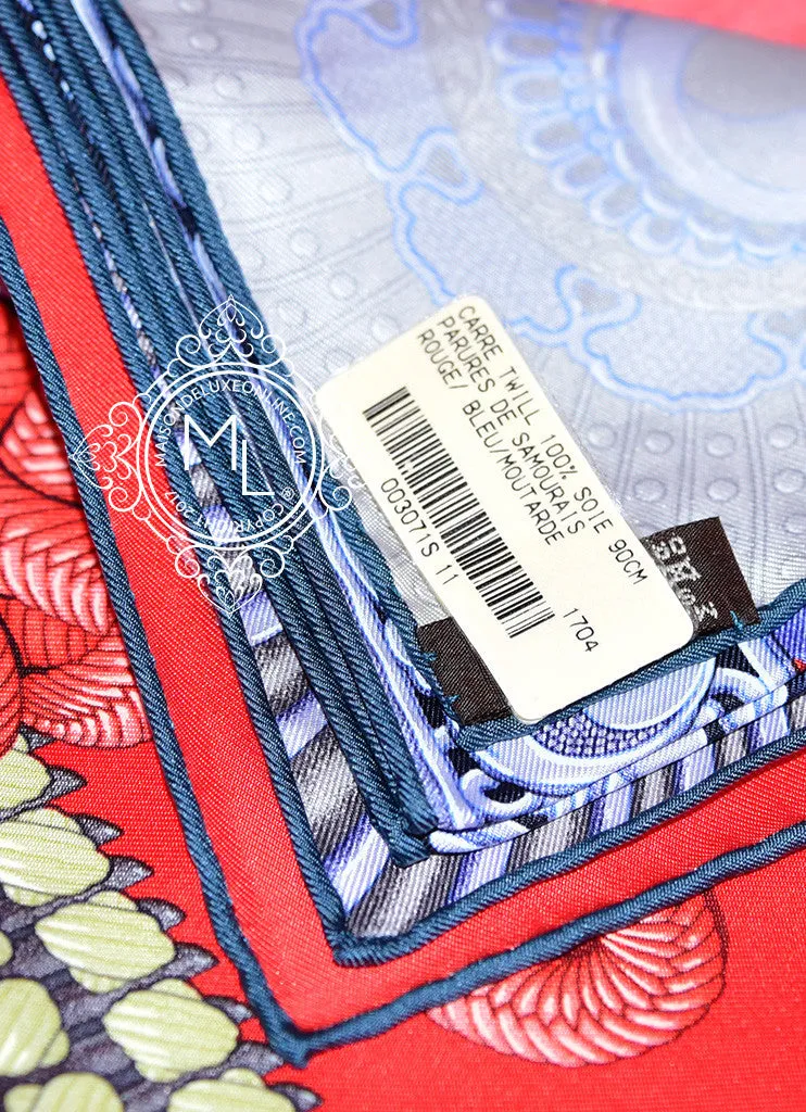 Hermes Rouge Blue Twill Silk 90 cm Parures De Samourais Scarf
